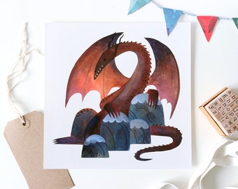 Red Dragon Rock Illustration Art Print, Fantasy Themed Home Decor, Square Mythical Creature D&D Art Print 21cm x 21 cm