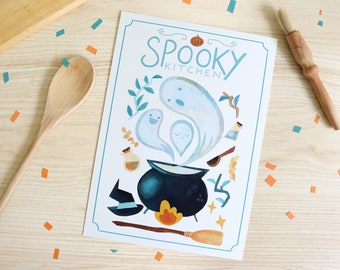 Spooky Kitchen A4 Sign Print, Cute Halloween Decor, Witches Kitchen Art, Pastel Ghost and Pumpkin Illustration - 21cm x 29.7cm
