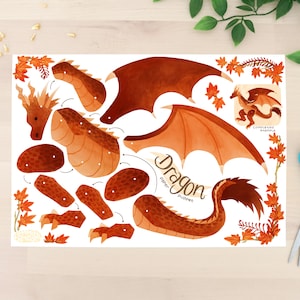 Puede incluir: Un kit de marioneta de drag&oacute;n de papel con varias piezas marrones y naranjas, incluyendo alas, cabeza y partes del cuerpo. Las palabras "Dragon paper puppet" est&aacute;n escritas en la imagen, junto con un ejemplo completo. Unas tijeras con mango azul est&aacute;n a la derecha.