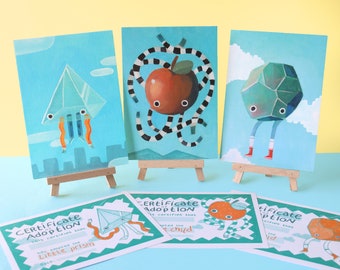 Set of 3 Quirky Mini Prints with Adoption Certificate | A6 Art Print of Rock Kid, Apple Child and Little Prism