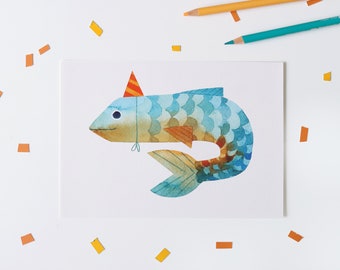 Cute Fish Party Hat Art Print A4 & A5, Kawaii Illustration, Funny Animal Watercolour Fish Print