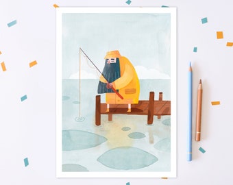 Fisherman Watercolour Art Print A4 & A5, Nautical Nursary Print and Fish Nursary Decor, Ocean Themed Art Illustration