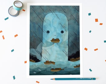 Cute Sea Monster Illustration Art Print A4 & A5, Monster Themed Nursary, Ship Boat and Kid Monster Art Print