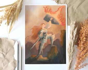 The Knight and the Frog Illustrated Art Print, Fantasy Themed Home Decor - A4 Print