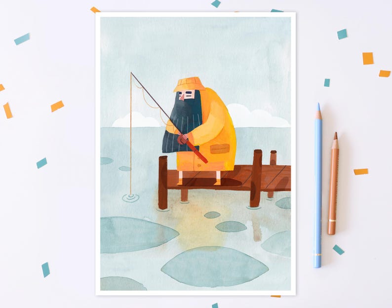 Fisherman Art Print A4, Nautical Nursary Print and Fish Nursary Decor ...