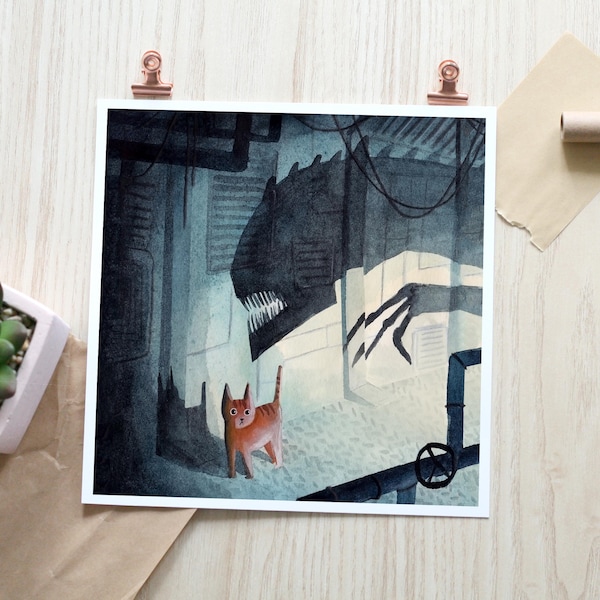 Alien Xenomorph and Jonesy Illustrated Art Print - Square 20.3cm x 20.3cm