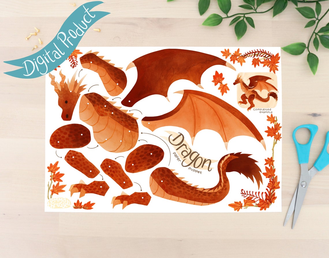 Articulated Dragon Paper Puppet Printable, Instant DIY Digital Download ...