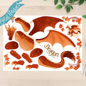 Puede incluir: Un producto digital que presenta un t&iacute;tere de drag&oacute;n de papel con varias piezas recortadas en tonos marr&oacute;n y naranja. El dise&ntilde;o incluye alas, una cabeza, segmentos del cuerpo y una cola. Las palabras "Digital Product" y "Dragon paper puppet" son visibles.