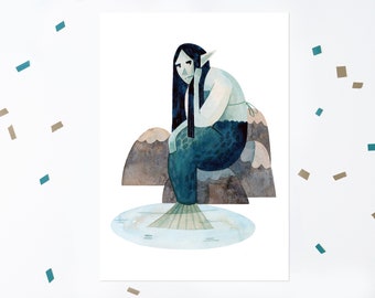 Grumpy Mermaid Illustration Art Print A4 & A5, Sea Ocean Themed Bathroom, Mythical Art Print