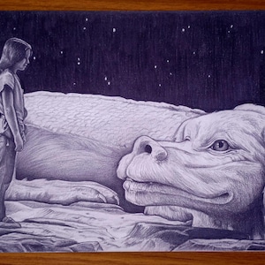 Impression numérotée et signée à la main au format A3 (16,5 x 11,7 pouces) limitée à partir de mon portrait original d&#39;Atreyu et Falcor de The Never Ending Story