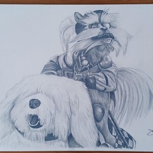 May include: Pencil drawing of a fantasy creature riding a large, fluffy dog. The creature has a long moustache and is wearing armour. The dog has its mouth open. The drawing is signed and dated.