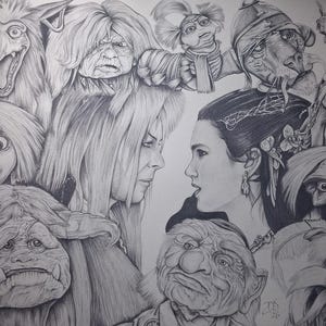 May include: A detailed pencil drawing featuring characters from the movie Labyrinth. The artwork includes portraits of Jareth the Goblin King, Sarah, and various goblins and creatures. The drawing is in black and white.