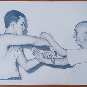 May include: Pencil drawing of two people practicing martial arts. One person is wearing a white tank top, and the other is wearing a white t-shirt. The drawing is in shades of gray and white.