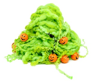 handspun art yarn ~ Pumpkin Party ~ 131g OOAK LUXURY Halloween Jingle Yarn ~handmade yarn ~ fluorescent novelty yarn ~ handspun wool yarn