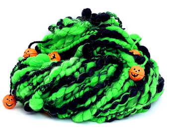 handspun art yarn ~ Spooky Pumpkins ~ 191g OOAK LUXURY Halloween Jingle yarn ~ handmade yarn ~ fluorescent novelty yarn ~ handspun wool yarn