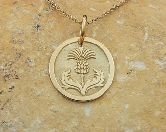 Dainty 14k Solid Gold Thistle Necklace, Personalized Thistle Pendant, Scotland Symbol