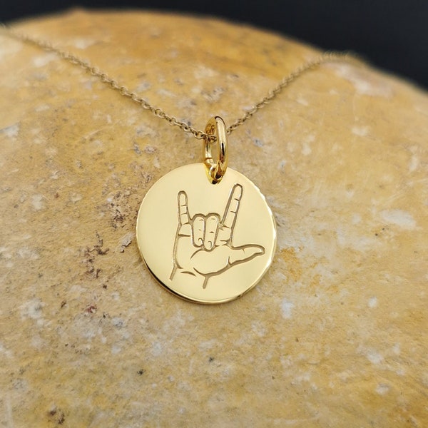 Collier de langue des signes ASL en or massif 14k Dainty, pendentif personnalisé en langue des signes ASL je t'aime, collier de signe je t'aime, pendentif d'amour