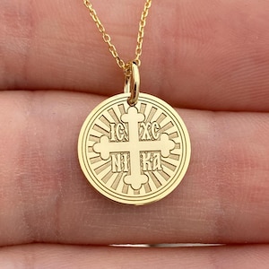 14k Solid Gold Constantine Coin Necklace, Byzantine ICXC NIKA Cross Pendant, 14k Greek Disc Necklaces For Women, Protection Religious Charm