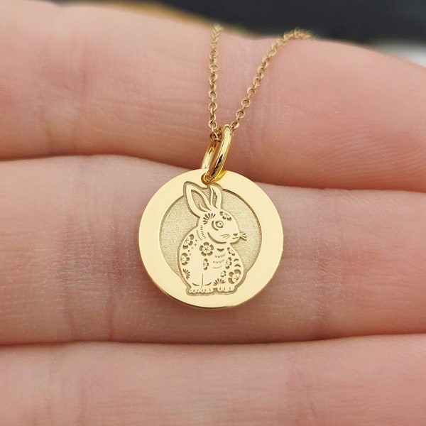 Dainty 14k Solid Gold Rabbit Zodiac Necklace, Pendentif personnalisé du zodiaque du lapin, Pendentif du zodiaque chinois