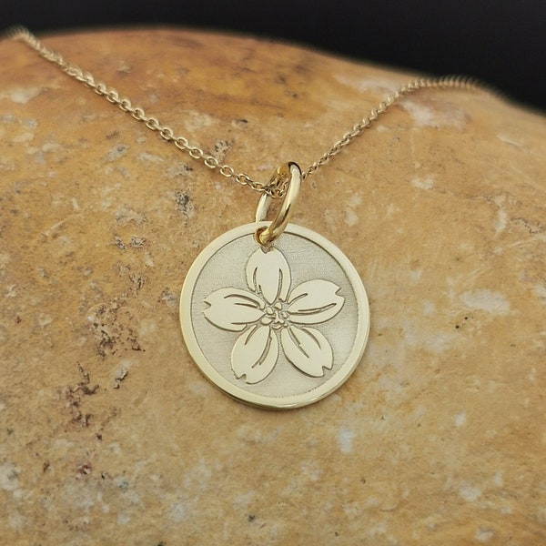 Dainty 14k Solid Gold Cherry Blossom Pendant , Personalized Cherry Blossom Necklace, Cherry Blossom Coin Necklace, Flower Jewels