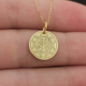 Dainty 14k Solid Gold Chi Rho Cross Necklace, Personalized Cross Coin Necklace For Protection, Greek Orthodox Jewelry