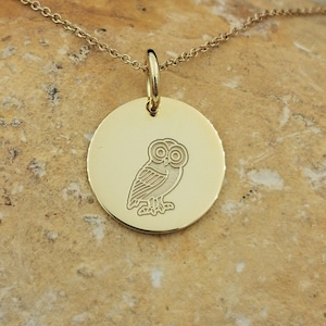 14k Solid Gold Owl Necklace, Personalized Owl Pendant