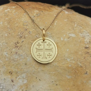 14k Solid Gold Jerusalem Cross Necklace, Personalized Cross Coin Pendant, Jerusalem Cross Coin Necklace For Protection,  Baptism Gift