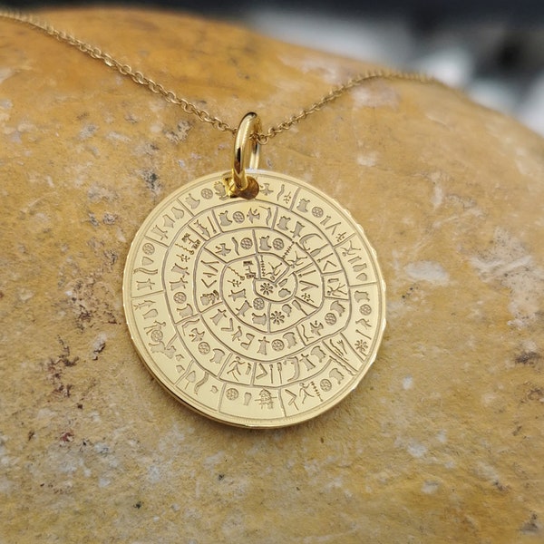 Collier Phaistos en or massif 14k, pendentif Phaistos personnalisé, collier de disque Phaistos, pendentif symbole ancien