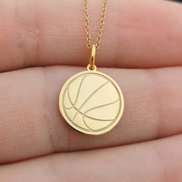 Dainty 14k Solid Gold Basketball Collana, Ciondolo basket personalizzato, Ciondolo basket, Gioielli sportivi