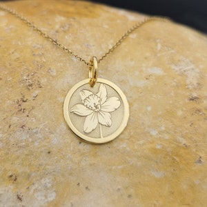 Dainty 14k Solid Gold Daffodil Flower Necklace, Personalized Daffodil Flower Pendant, Gold Daffodil Flower Coin, Flower Pendant image 1