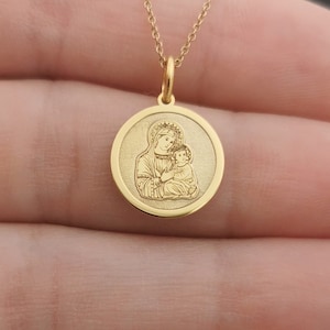 Dainty 14k Solid Gold Greek Orthodox Mary and Jesus Necklace, Personalized Virgin Mary Gold Coin Pendant, Madonna & Child Protection Jewelry