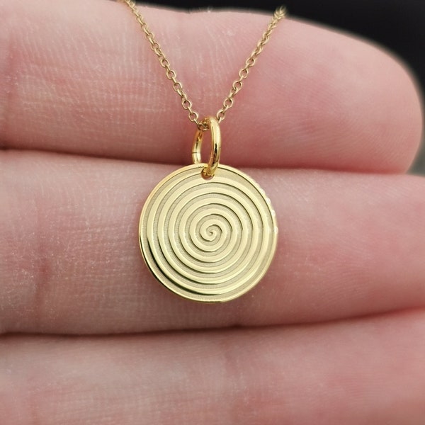 Collier spirale délicat en or massif 14 carats, pendentif spirale personnalisé, voyage de vie