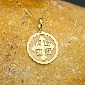 14k Solid Gold Constantine Coin Necklace, Byzantine ICXC NIKA Cross Pendant, 14k Greek Disc Necklaces For Women, Protection Religious Charm