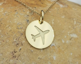 14k Solid Gold Airplane Necklace, Personalized Plane Pendant, Travel Necklace