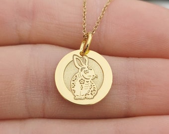 Dainty 14k Solid Gold Rabbit Zodiac Necklace, Personalized