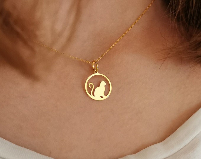 Dainty Gold Cat Necklace, 14K Solid Gold Cat Pendant, Personalized Gold Cat Jewelry, Gold Animal Pendant, Gift For Her, Layered Necklace