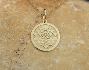 Dainty 14k Solid Gold Sri Yantra Necklace, Personalized Sri Yantra Pendant, Chakra Necklace, Yoga Pendant, Shri Yantra