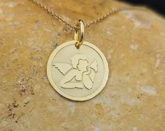 Dainty 14k Solid Gold Baby Angel Necklace, Personalized Baby Angel Gold Coin Pendant, Personalized Gift