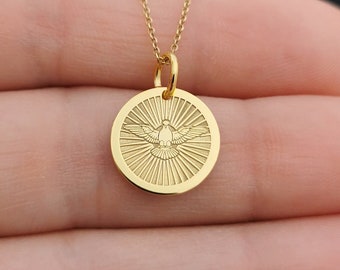 Dainty 14k Solid Gold Holy Spirit Necklace, Personalized Holy Spirit Pendant, Necklace For Protection, Religious Pendant