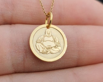 Zierliche 14k Solid Gold Buddha Halskette, personalisierte Buddha Anhänger, buddhistische Halskette, Buddha Schmuck
