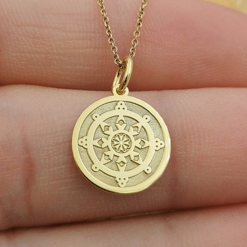 Dainty 14k Solid Gold Dharma Wheel Necklace Personalized Etsy
