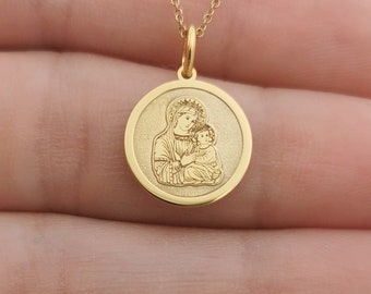 Dainty 14k Solid Gold Greek Orthodox Mary and Jesus Necklace, Personalized Virgin Mary Gold Coin Pendant, Madonna & Child Protection Jewelry
