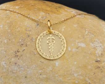 Dainty 14k Solid Gold Caduceus Symbol Necklace, Personalized Medical ID Pendant, Medical Alert Pendant, Symbol of Medicine Necklace