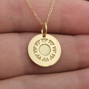 Dainty 14k Solid Gold Sun Necklace, Personalized Sun Pendant, Gold Sun Coin Necklace