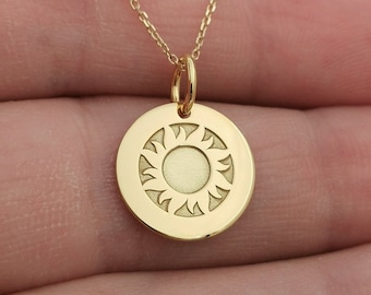 Dainty 14k Solid Gold Sun Necklace, Personalized Sun Pendant, Gold Sun Coin Necklace