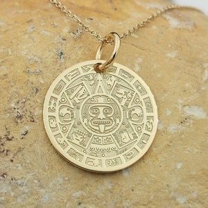 14k Aztec Calendar Necklace, Personalized Mayan Sun Calendar Pendant, Aztec Coin Pendant, Sun Stone Aztec Calendar Necklace