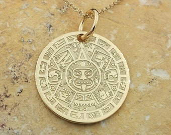 Collar con calendario azteca de 14 quilates, colgante personalizado con calendario solar maya, colgante con moneda azteca, collar con calendario azteca con piedra solar