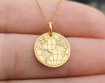 Dainty 14k Solid Gold Earth Necklace, World Map Necklace, Gold Coin Globe Pendant, Gold Disc WanderLust Pendant, Globetrotter