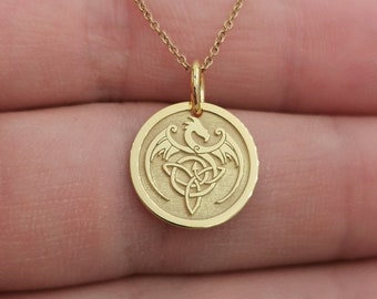 Dainty 14k Solid Gold Celtic Dragon Necklace, Personalized Celtic Dragon Necklace, Celtic Dragon Pendant