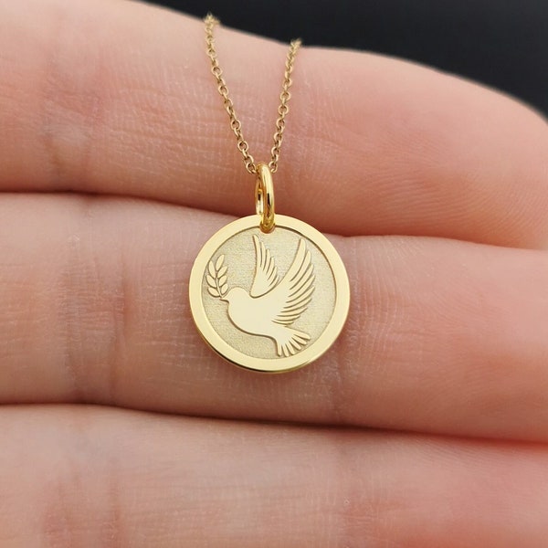 Dainty 14k Solid Gold Dove Necklace, Personalized Dove pendant, Peace Dove Pendant, Peace Dove Bird Necklace